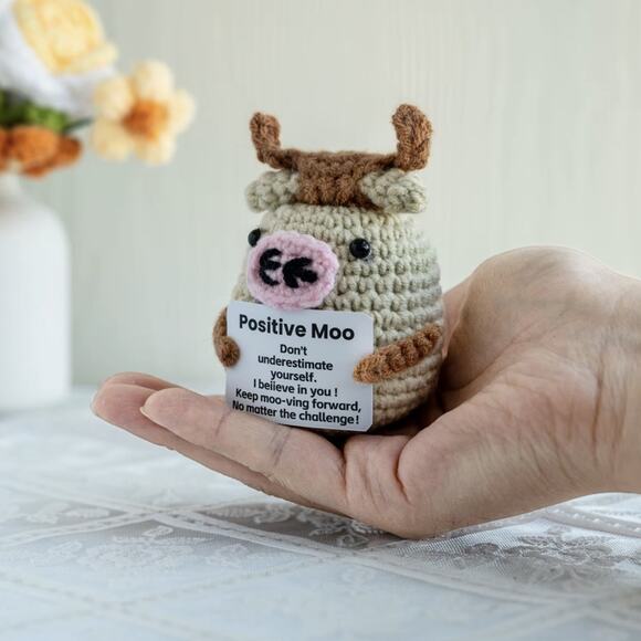 Handmade Yarn Crochet Cow Plush | Positive Moo | Motivational Message Gift - Picture 4 of 8